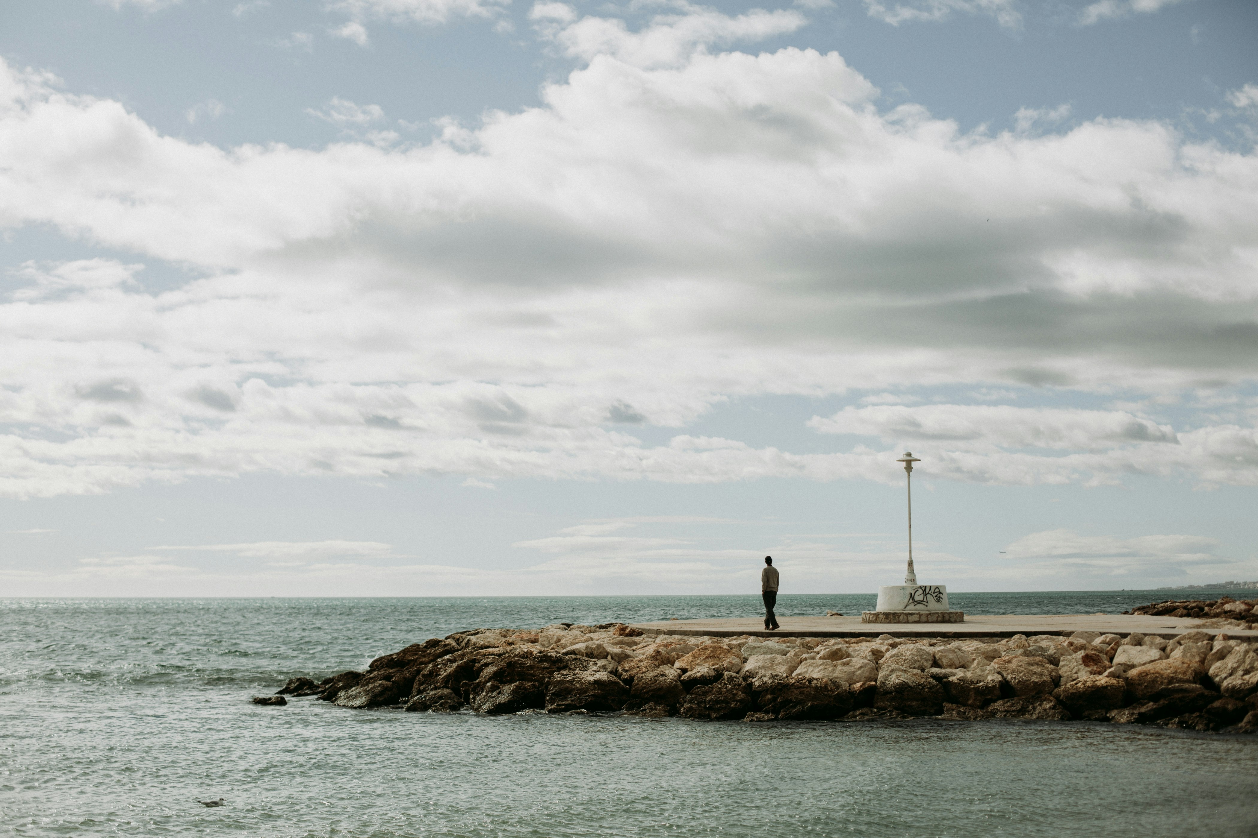 person standing on brown rock formation near body of water under white clouds during daytime